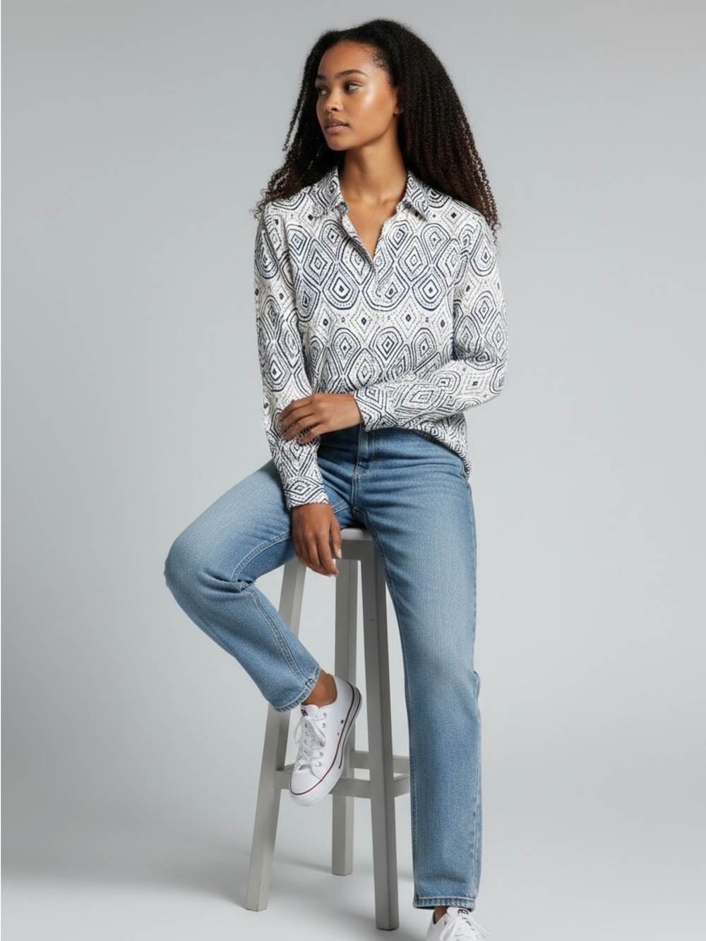 Zara White Geo-Print Button Down Shirt